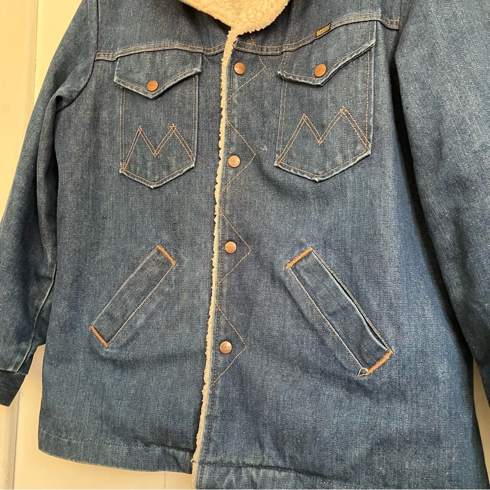 Vtg Maverick Ranch Coat Blue Denim Sherpa Lined Snap Western Jacket Large - USA - Picture 4 of 8